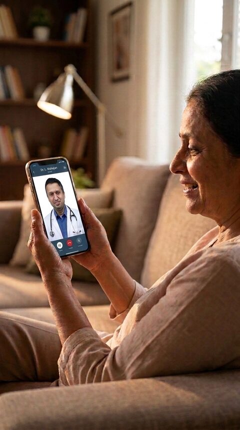 A smiling patient at home holding up her smartphone during a live video call with her doctor