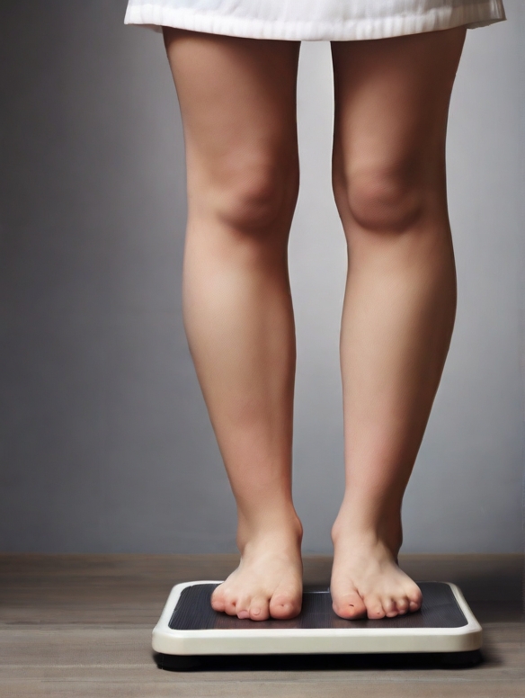 A woman standing on a scale, measuring her weight with her feet placed on it.