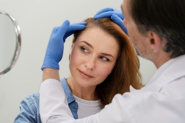 Doctor examining a woman's scalp and hairline for early signs of hair loss