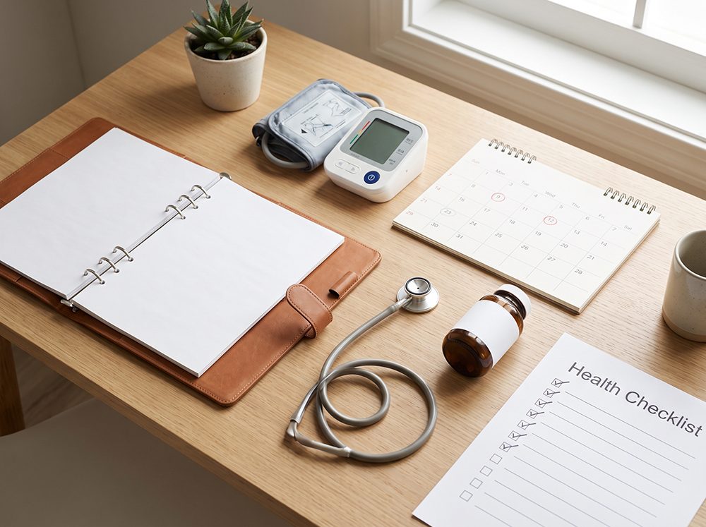 Health checkup checklist with a blood pressure monitor, stethoscope, and medication on a desk