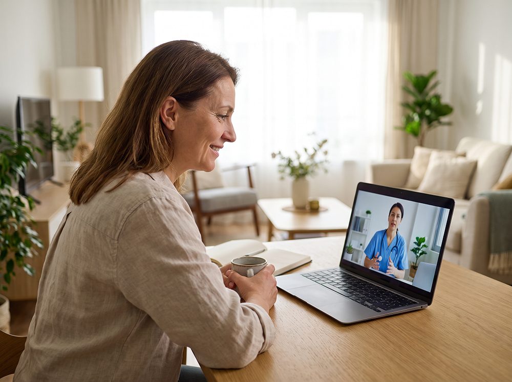 Patient at home on a laptop televisit with an online primary care doctor